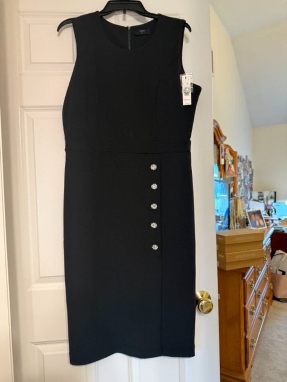 T Tahari, Size 12, Sleeveless Midi Sheath Dress with rhinestone buttons